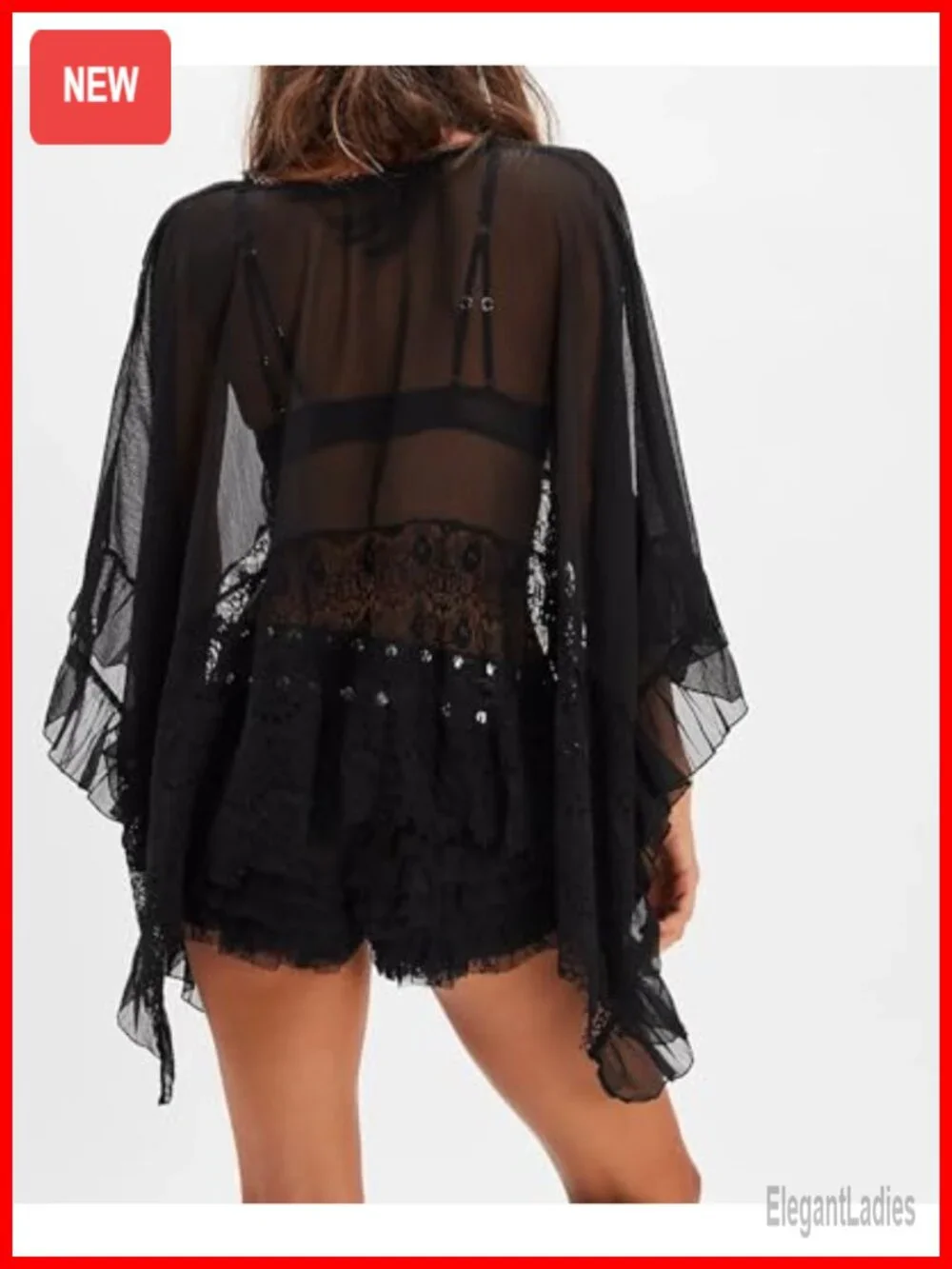 Sheer Mesh Poncho Top Batwing Sleeve Loose Fit Cover-up Lace Blouse Y2K